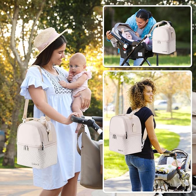 Breastmilk Cooler Bag with Ice Pack Fits 6 Baby Bottles up to 9 Ounce, Breast Milk Pump Cooler Bag with Shoulder Strap for Nursing Mom Daycare, Work, Travel- Cream
