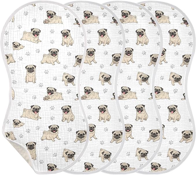 4 Pack Muslin Burp Cloths Pugs Dog Paw White Cotton Baby Burp Cloths Extra Absorbent and Soft Burping Cloth for Newborn Boys Girls 22x11 Inch