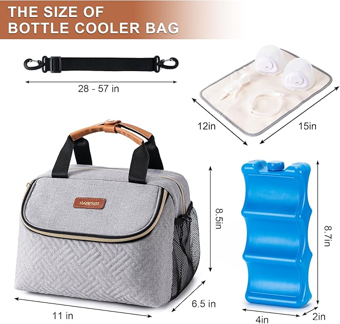 Breastmilk Cooler Bag with Ice Pack Fits 6 Baby Bottles up to 9 Ounce, Wearable Breast Pumps Cooler Bag for Nursing Mom Daycare, Work, Travel- Grey