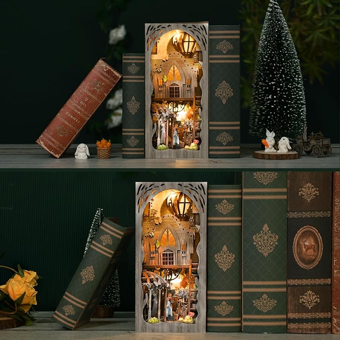 DIY Book Nook Kit, DIY Miniature Dollhouse Booknook Kit, Wooden 3D Puzzle Bookend Bookshelf Insert Decor with LED Light for Teens and Adults (Dorothy's Journey)