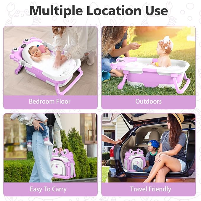 Collapsible Baby Bathtub for Newborns with Thermometer and Soft Floating Cushion Portable and Foldable Travel Baby Bath Tub for Infants to Toddler 0-36 Month (Purple)