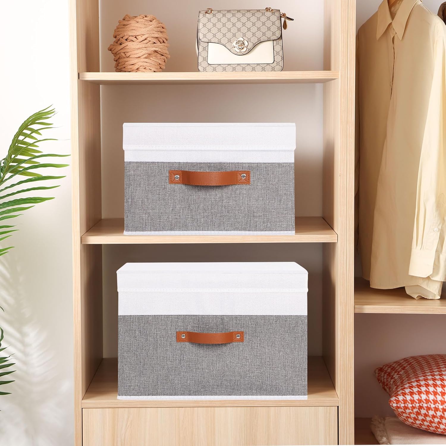 Fabric Storage Boxes with Lids, Linen Foldable Cloth Baskets, Closet Organizer Containers with Double Handles, Sweater Bins for Bedroom, White and Grey, 5 Pack, 13 x 9.1 x 7.9 Inch