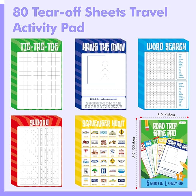 Road Trip Game Pad, 80 Perforated Sheets Travel Activity Pad, 5 Games in 1 Pad, Plane, Car Trip Activity, Pen Pencil & Paper Game for Kids, Adults (6” x 9”)
