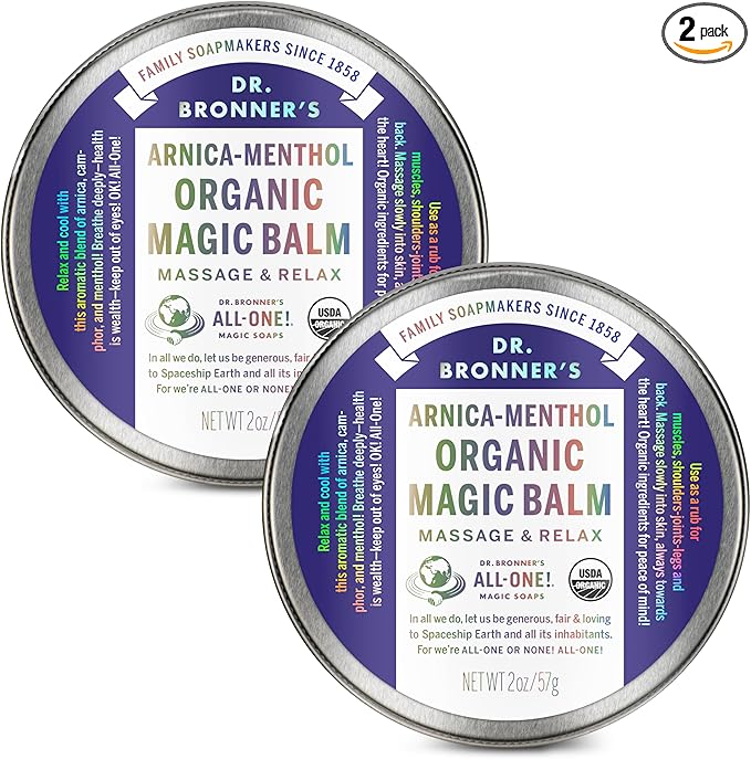 Dr. Bronner's - Organic Magic Balm - Arnica-Menthol, Made w/Organic Beeswax & Hemp Oil, Moisturizes & Soothes Hands, Face, & Body (2 oz, 2-Pack)