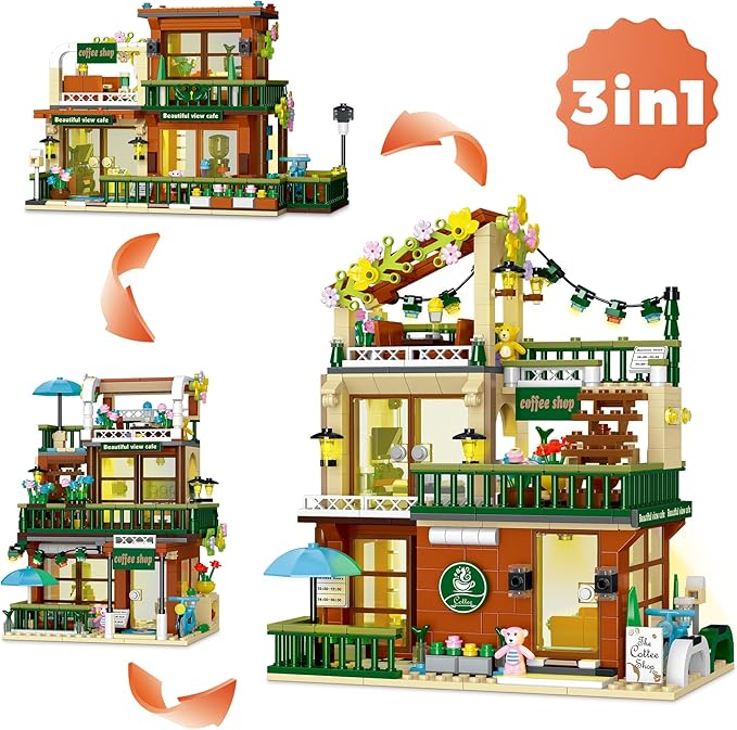 3 in 1 Coffee House Building Set with Light, 875 PCS City Cafe Shop Building Block Toy Architecture Construction Model for Adults Teens Kids Boys Girls Ages 8-12+
