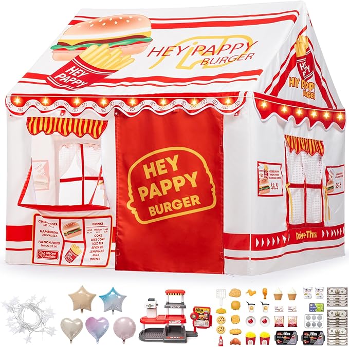 Kids Play Tent, Toddler Tent for Kid Indoor & Outdoor, 48.5"x39.4"x48.5" Playhouse Tent Burger Theme with Complete Toys Set, 3 Window, Lights and Balloons