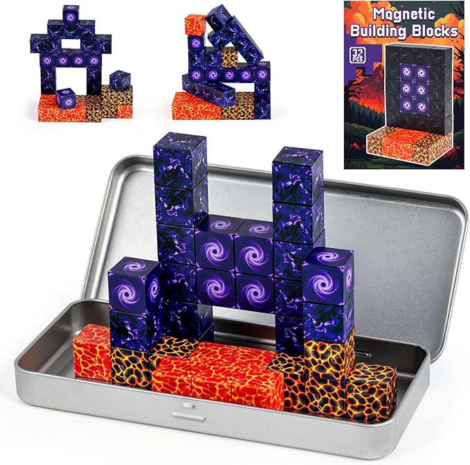 3 otters 32PCS Magnetic Building Blocks, Magnetic Cubes Portal Travel Toys for Kids Construction Sensory Toys for Toddler 3 4 5 6 7 8