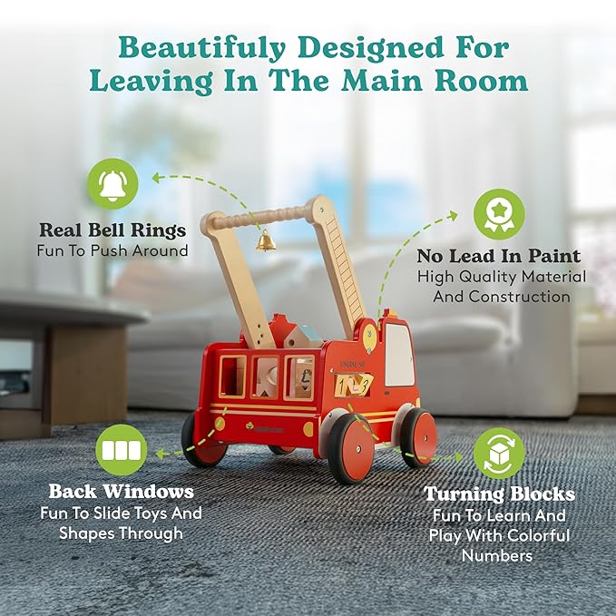 Wooden Baby Walker with Wheels - Baby Walkers for Boys Fire Truck Walker Baby - Walker for Baby Boy with Rigged Handles - Adjustable Height and Chalkboard on Wooden Activity Walker