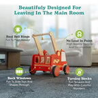 Wooden Baby Walker with Wheels - Baby Walkers for Boys Fire Truck Walker Baby - Walker for Baby Boy with Rigged Handles - Adjustable Height and Chalkboard on Wooden Activity Walker