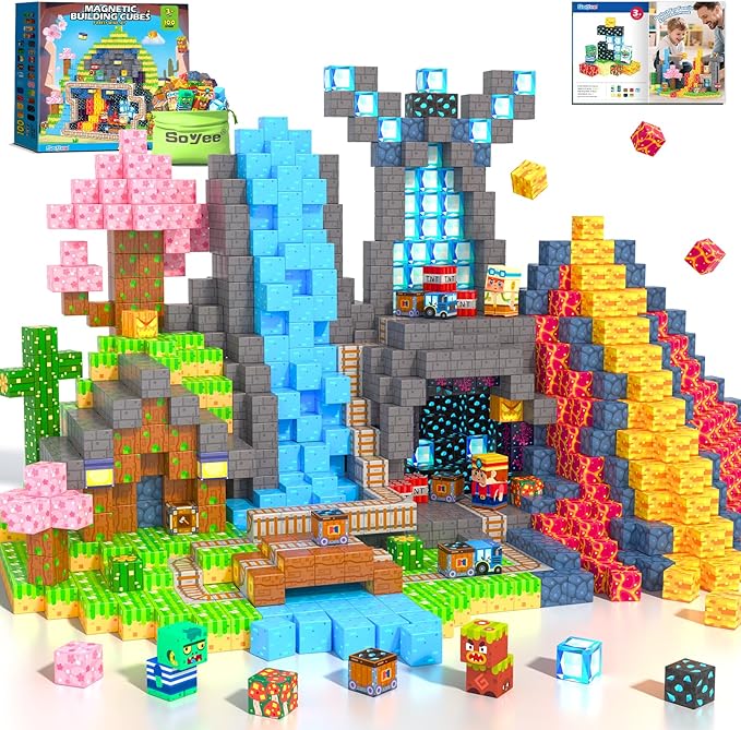 Soyee Magnetic Blocks 100 PCS Building Toys for Ages 4-8 9-12 3-5 Forest & Mine Theme Magnet Building Cubes STEM Sensory Toys for Kids Ages 3 4 5 6 7 8 9 10 11 12 Year Old Boys Girls Birthday Gifts