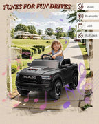 12V Licensed Ram 1500 Ride on Toy for Kids, Toddler Ride on Pickup Truck with Parent Remote Control, Electric Car for Kids with Truck Bed Storage, 3 Point Safety Belt (Black)