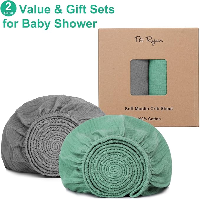 2 Pack Muslin Fitted Crib Sheets for Baby Girls & Boys-Neutral Breathable Crib Mattress Protector for Standard Crib Mattress (28"x 52") -Soft No Slip Toddler Cotton Bedding-Green & Grey