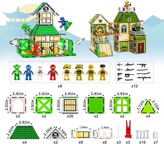 PicassoTiles 102pc Magnet Tile Building Block Ninja & Troop Theme Double Sided Printings 2in1 with 8 Character Figures Magnetic Tiles Construction Playset Fine Motor Skill STEM Educational Age3+ PTQ02