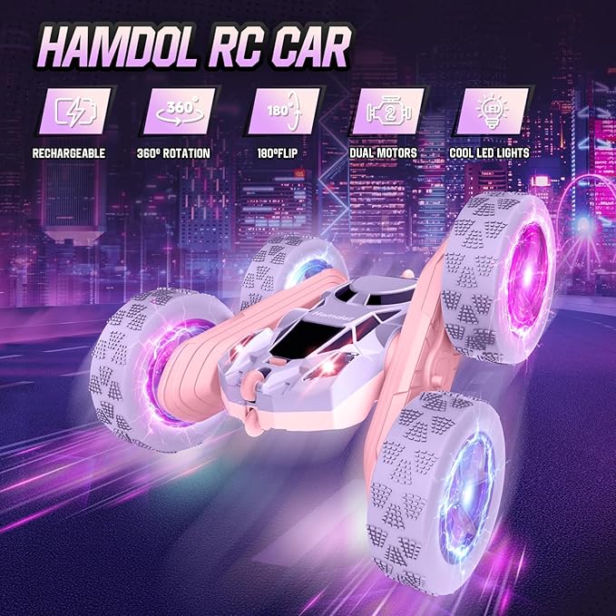 Remote Control Car, Double Sided 360°Rotating 4WD RC Cars, with Sparkling LED Wheels, 2.4GHz Electric Race Stunt Toy Car, Rechargeable Toy Cars for Boys Girls Birthday