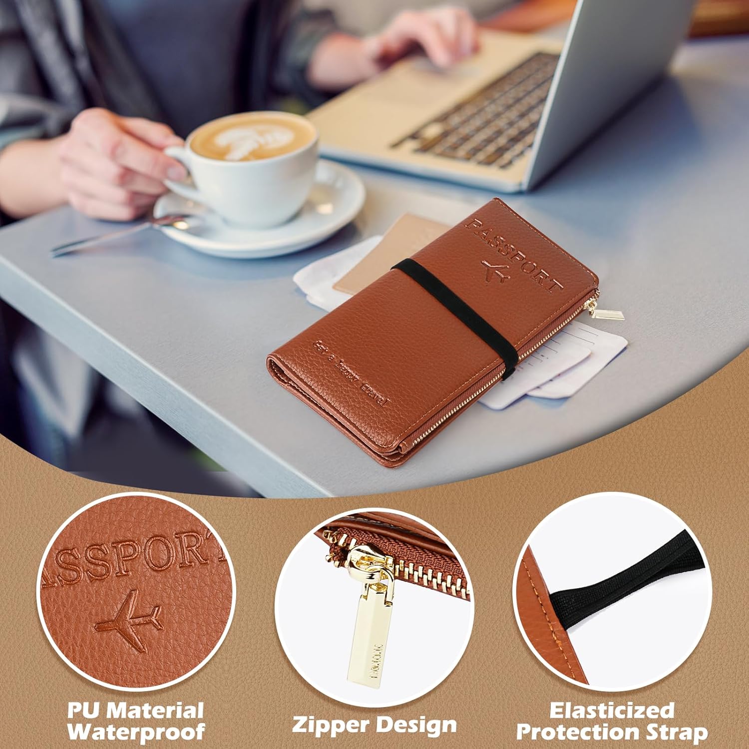 Travel Passport Wallet, RFID Blocking Passport Holder with Zipper, Passport Cover for Women Men, PU Leather Travel Document Organizer with Card Slots, Gift for Family Friends, Brown
