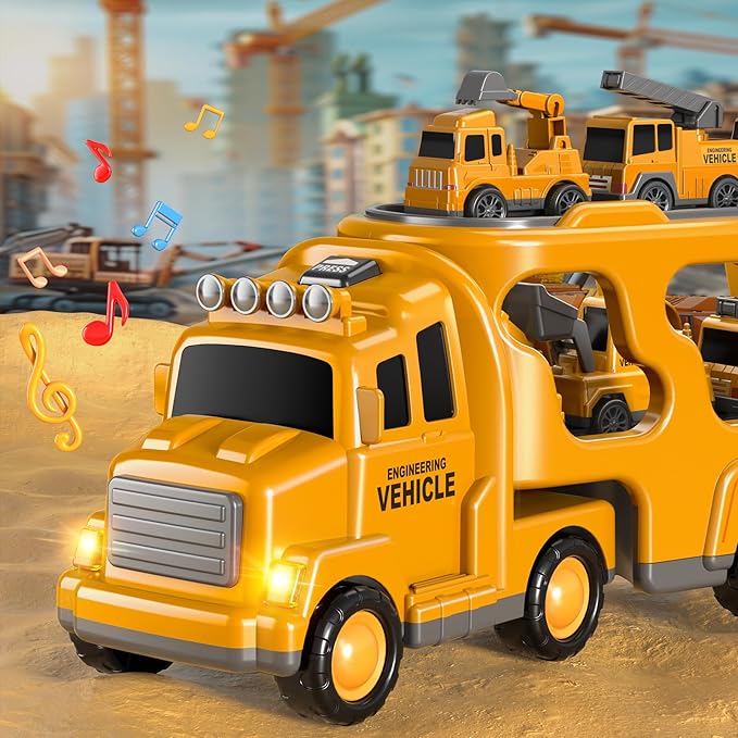 7 in 1 Construction Trucks Cars for Toddlers 3-5, Boy Toddler Car Truck Toys with Light Sound, Birthday Gifts for 3 4 5 6 Year Old Boy