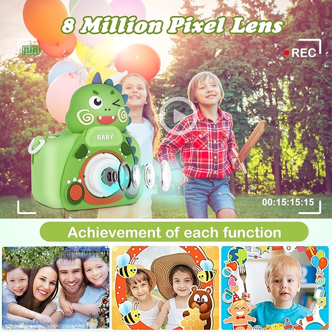 Kids Camera,HD Digital Video Camera,Childrens Toys for 3 4 5 6 7 8 9 Year Old Boys/Girls,Selfie Camera for Kids,Christmas Birthday Gifts with 32GB SD Card (Dinosaur Green)