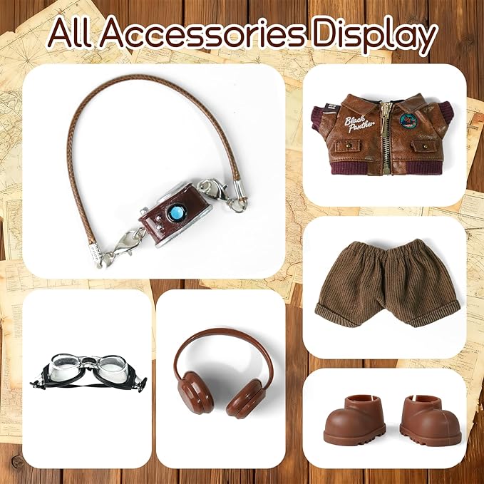 6-Piece 17cm Doll Clothes and Accessories, Retro Style Labu-Clothes-bu with Headphones/Glasses/Leather Jacket/Pants/Shoes/Camera