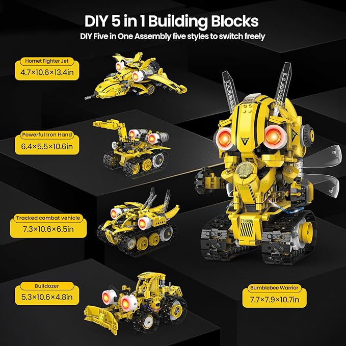5-in-1 STEM Robot Building Kit for Kids Ages 8-16, Remote & App Controlled, Rechargeable Engineering Learning DIY Coding Toy, Educational Building Blocks Gift for Girls & Boys (673 PCS)