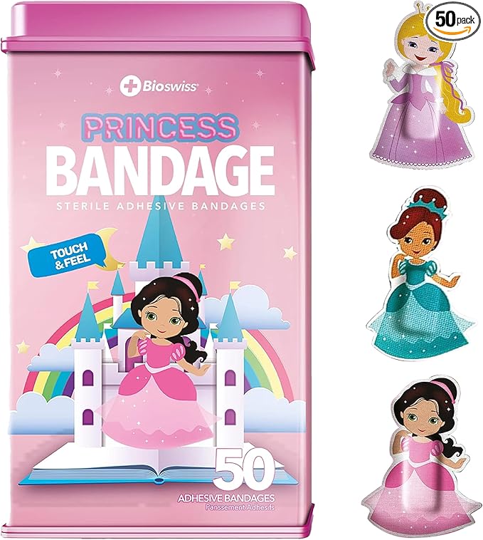 BioSwiss Bandages, Princess Shaped Self Adhesive Bandage, Latex Free Sterile Wound Care, Fun First Aid Kit Supplies for Kids, 50 Count