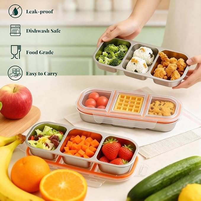 QCQHDU Snack Containers, Reusable Stainless Steel 3 Compartment Condiment Metal Bento Lunch Box with Lids, Divided Snack Food Storage Lunchable Containers for Home, Work, Travel, Camping, 5 Pack