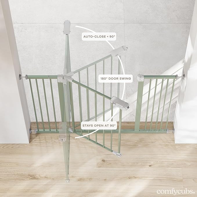 Comfy Cubs Baby Safety Gate with 3 Extensions - Adjustable 42" x 1.9" x 30" Q195 Steel Doorway Barrier - Powder-Coated Finish for Stairs and Doorways - Walk-Through Design Pet Gate - Sage