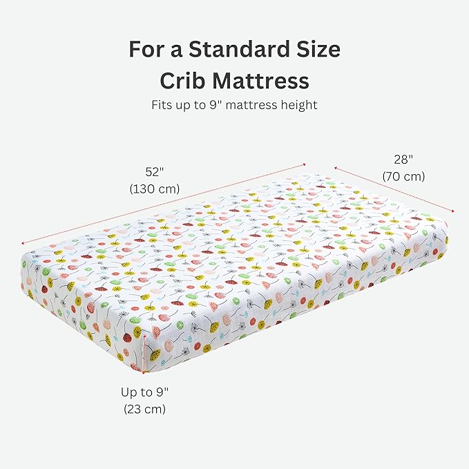 Margaux & May Organic Muslin Cotton Baby Crib Sheet, Dandelion Print, Fitted, Breathable, Toddler Bedding, 52 x 28, Deep Pocket, Organic Crib Sheets for Cozy Sleep