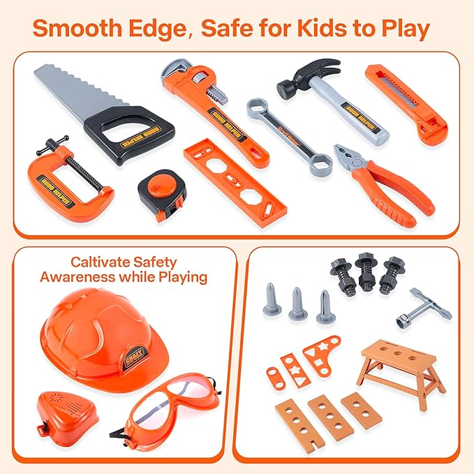 Kids Tool Bench-Zealous 79pcs Transformable Set, Toddler Workbench Toy with Electric Drill, Pretend Construction Playset for Boys Girls Age 3+, Orange & Black, HB3222-3