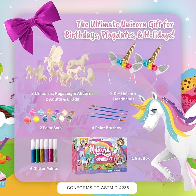 Unicorn Painting Kit for Girls - STEM Certified Unicorn Craft for Girls Ages 4-6 & up- Paint Your Own Arts and Crafts Includes 2 DIY Headbands & 8 Kids Painting Crafts for Fun Screen-Free Play