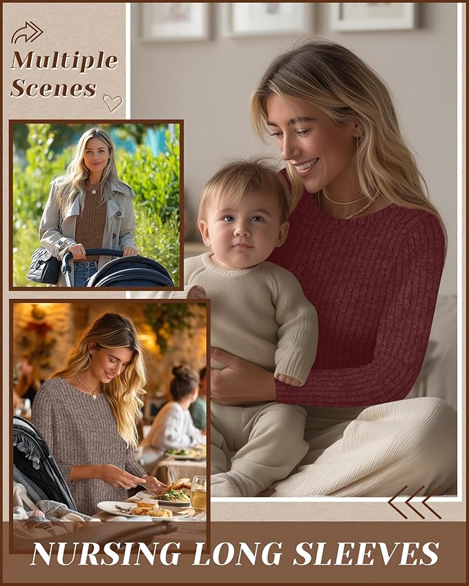 3 Pack Women's Nursing Long Sleeve Tops Breastfeeding Thermal Sweaters with Hidden Zipper Maternity Ribbed Shirts