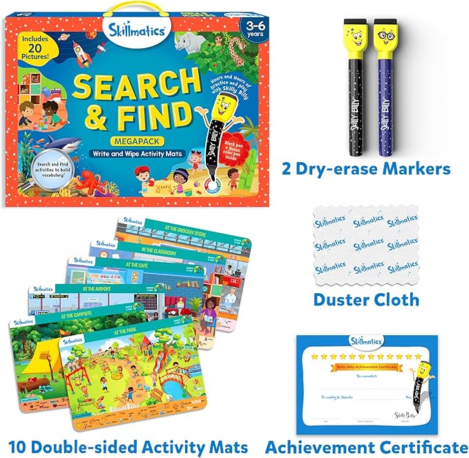 Skillmatics Search and Find Megapack Educational Game - Reusable Preschool Learning Activities, Perfect for Toddlers & Kids Who Love Toys, Art & Crafts, Builds Vocabulary, Gifts for Ages 3, 4, 5, 6