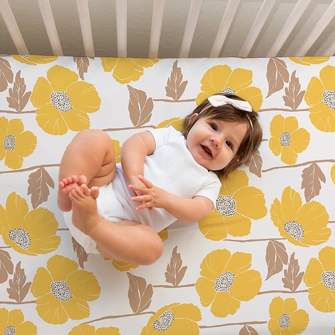 Crib Sheets Neutral - Fitted Baby Crib Sheets Bed for Girl Boy - 2 Pack Standard & Toddler Mattress (Poppy Fields) - Buttery Soft Organic Cotton Blend