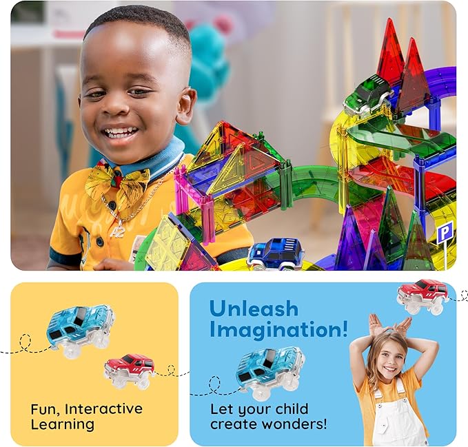 PicassoTiles 128pcs Magnetic Race Car Track Building Block Educational Toy Set Tiles Magnet Playset 3 LED Car STEM Learning Construction Kit Fine Motor Skill Training Brain Development for Kids Age3+