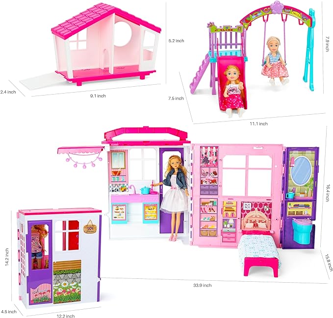 Doll House Portable & Foldable Dollhouse w/ 60+ Pcs & 2 Dolls, Play House Toy with Bedroom Bathroom Kitchen Furniture Playset, Playhouse Birthday Gift for Girl Kid Toddler