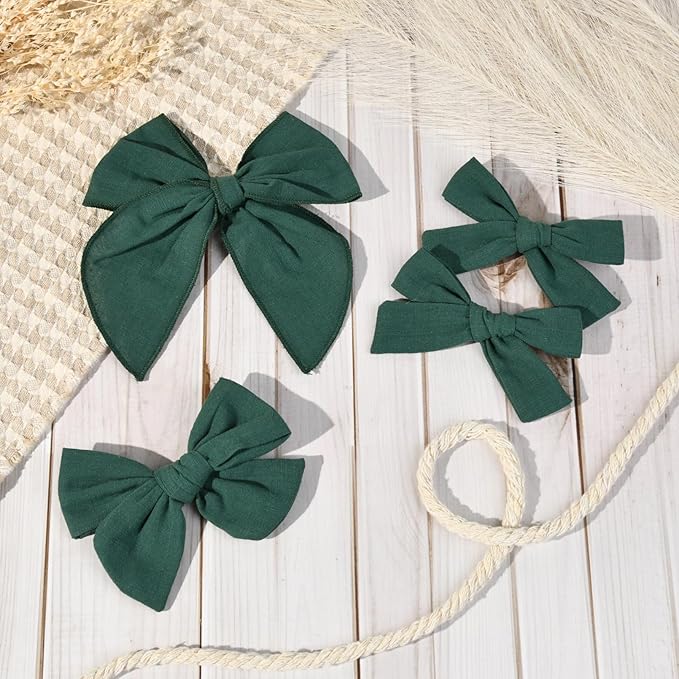 DEEKA 4 PCS Dark Green Cotton Linen Hair Bows 3 Styles 5" & 4" Handmade Hair Bow set for Toddler Girls Alligator Hair Clips Knot Bows Hair Accessories for Little School Girls (Dark Green)