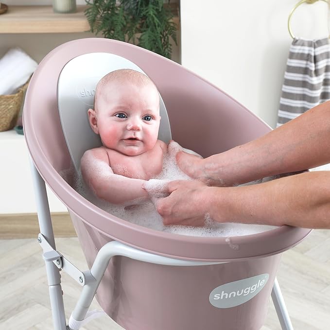Shnuggle Newborn Baby Bath | Built in Support Bump and Soft Backrest | Suitable from Newborn | Bath Seat Support Includes Plug | Blossom Pink