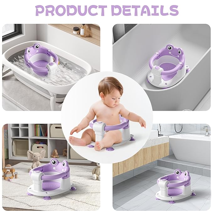 Baby Bath Seat for Babies 6 Months & Up - Toddler Bath Seats for Baby Sitting Up with 4 Suction Cups & Soft Cushion, Non-Slip Infants Shower Bathtub Chair for Newborn Girls, Purple