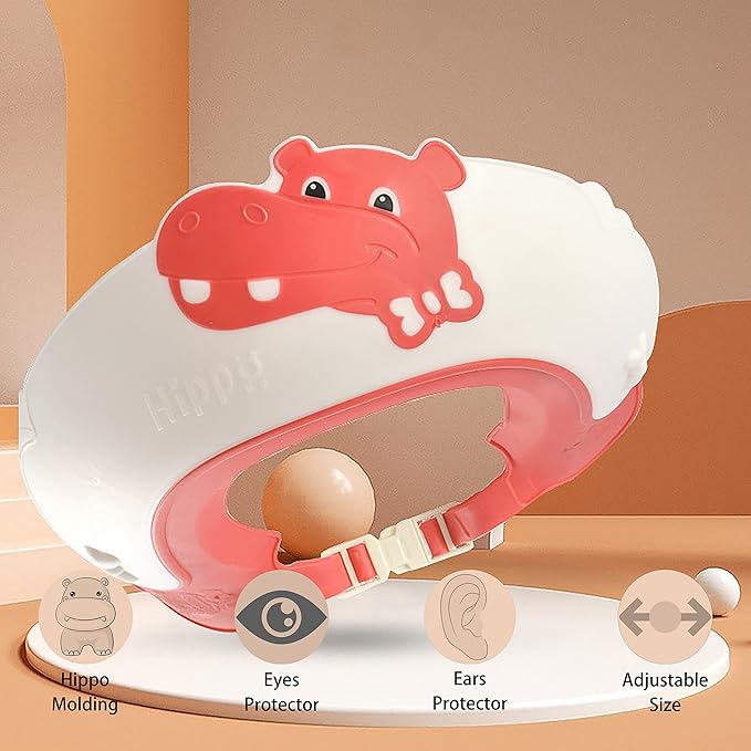 Baby Shower Cap Shield, Shower Cap for Kids, Visor Hat for Eye and Ear Protection for 0-9 Years Old Children,Cute Dinosaur/Crocodile/Hippo shape Makes the Baby Bath More Fun (Hippo, Red)