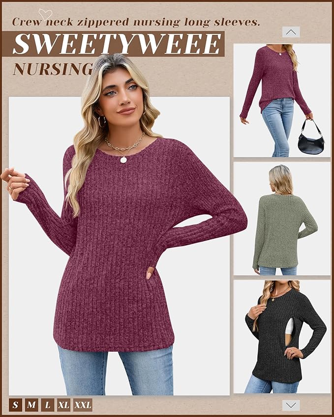 3 Pack Women's Nursing Long Sleeve Tops Breastfeeding Thermal Sweaters with Hidden Zipper Maternity Ribbed Shirts