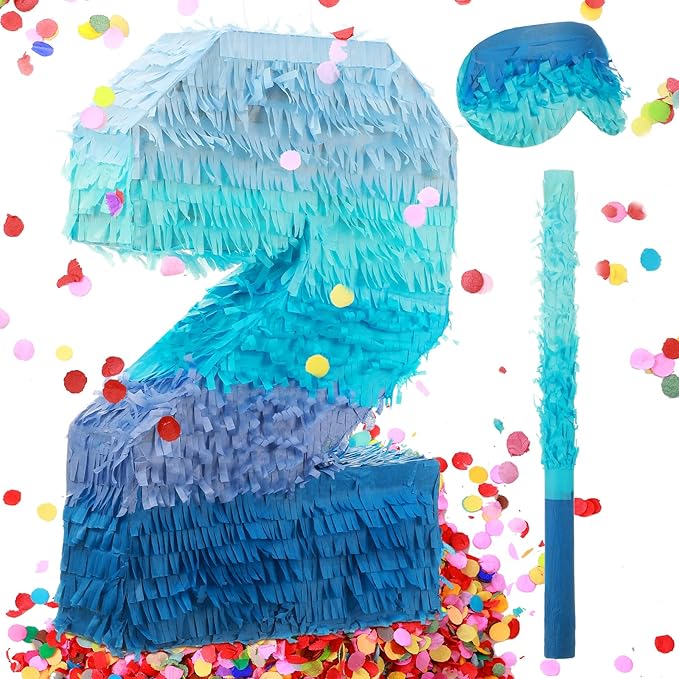 Sratte Number 1 2 3 4 5 6 7 8 9 Piñata with Stick Blindfold Confetti, Gradient Blue Piñata for Kids Boys Girls Birthday Party Anniversary Decorations Supplies(Number 2)