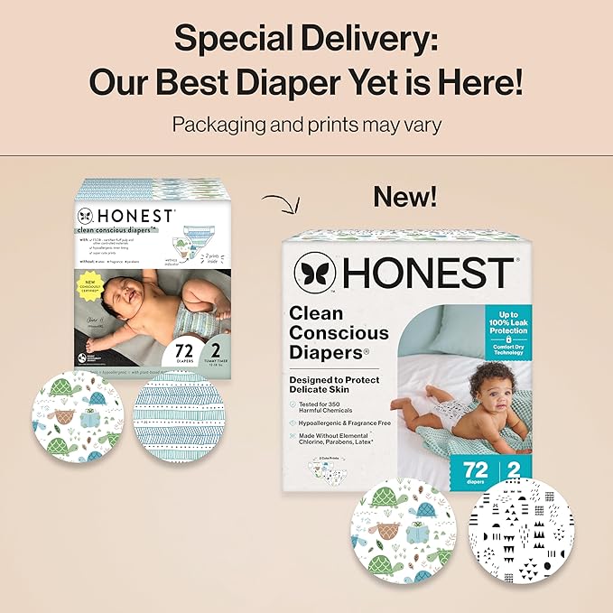 The Honest Company Clean Conscious Diapers for Delicate Skin | Up to 100% Leakproof | Hypoallergenic, Fragrance Free | Gender Neutral | Club Box, Size 2 (12-18 lbs), 72 Count (Prints May Vary)