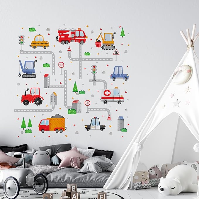 Car Wall Decals by Lipastick - Peel and Stick Transport Road Trucks Stickers for Boys Room, Toddler Bedroom, Baby Nursery, Kids Playroom, Living Room- Removable Decor - M Size