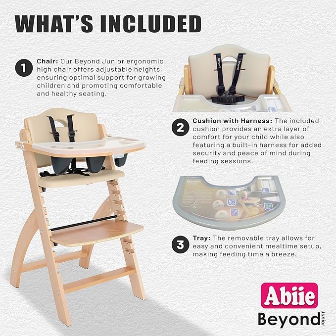 Abiie Beyond Junior Wooden High Chair with Tray - Adjustable and Convertible High Chair for Babies and Toddlers - 6 Months to 250 Lb - Water Resistant - Natural Wood with Beige Cushion