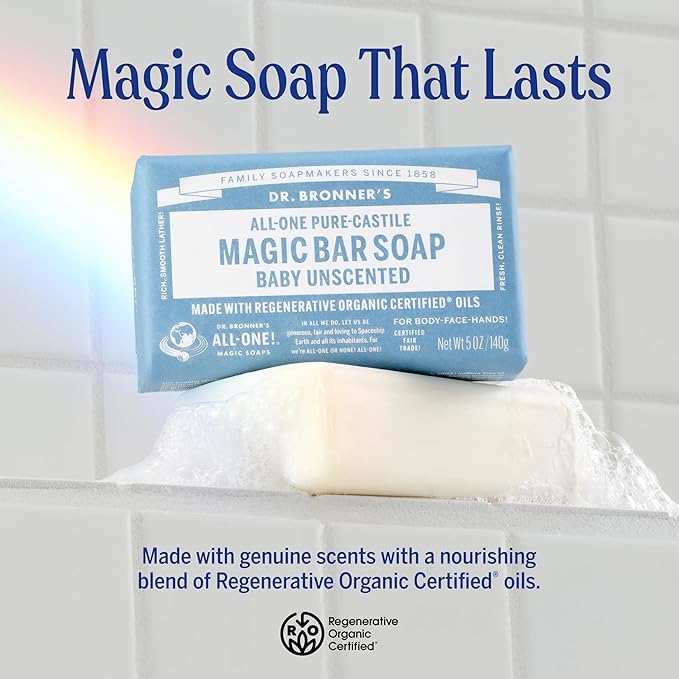 Dr. Bronner's Pure-Castile Magic Bar Soap (Baby Unscented, 5 oz, 6-Pack) - Made with Regenerative Organic Certified Oils, For Face, Body & Hair, Gentle for Sensitive Skin - Vegan, Non-GMO