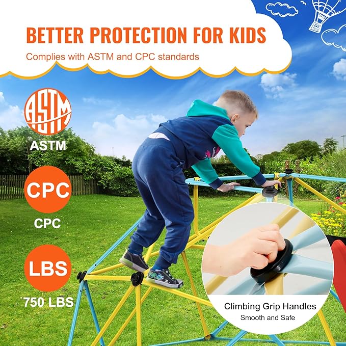 VEVOR Climbing Dome, 8FT Geometric Dome Climber with Slide, Jungle Gym Supports 600LBS and Easy Assembly for Kids 3 to 9 Years Old, with Climbing Grip, Outdoor and Indoor Play Equipment for Kids