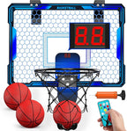 Remote Control Basketball Hoop Indoor with 7 LED Lighting, Mini Basketball Hoop with Electronic Scoreboard, 3 Modes, Over Door Basketball Hoop, Basketball Toys Sport Gifts for Kids, Adults (Blue)