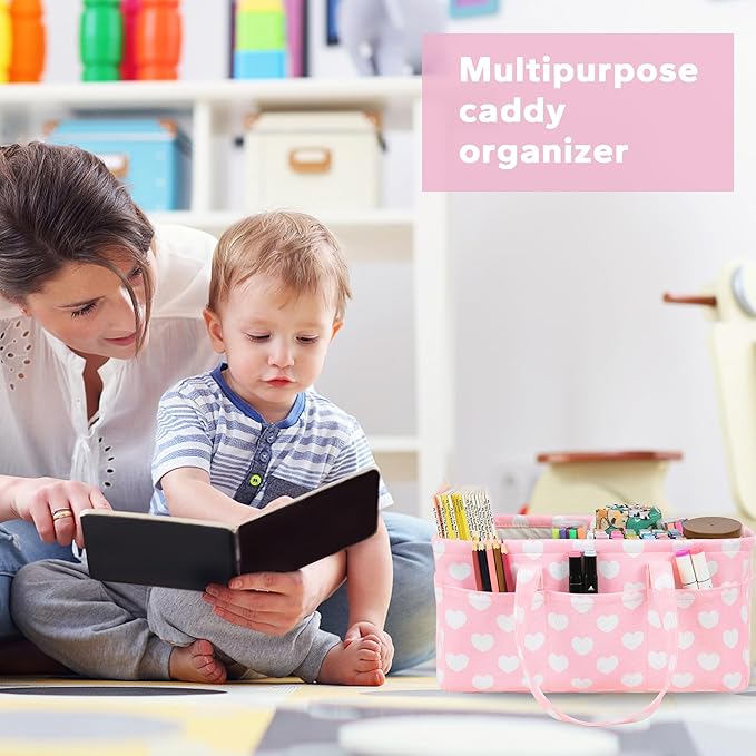 Diaper Caddy Organizer for Baby Girl-Nursery Storage Bin-Portable Car Organizer for Diapers and Baby Wipes- Baby Shower Registry Basket Newborn Must Have Tote Caddy Bag（Pink Heart）