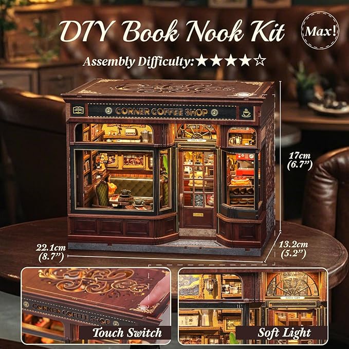 CUTEBEE Book Nook Kit - DIY Miniature House Coffee Shop Dollhouse Kit for Adults and Teens, Booknook Tiny House Bookshelf Decor 3D Wooden Puzzle, Gifts for Family, Friends (Corner Coffee Shop)