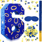Number 6 Blue and Golden Rings Piñata for Kids Birthday Cartoon Theme Small Piñata with Blindfold Stick Confetti for Fiesta Cinco De Mayo Party Decor, 15.8 x 11 x 2.8 Inch
