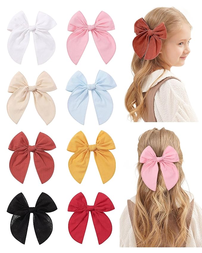 8 Pcs doboi Baby Girls Hair Clips Big Fable Hair Bows Cotton Linen Bows for Girls Hair Accessories for Baby Toddlers Kids-5.5 Inch